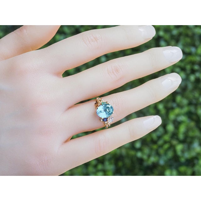 Sky blue Topaz 14k gold ring. Genuine Topaz ring. Topaz gold ring. Oval Topaz ring. Topaz, diamonds, emerald 14k gold...