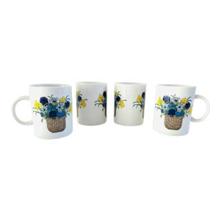 1990s Nantucket Basket Floral Design by Artists Greg & Judi Hill Tea or Coffee Mugs - Set of 4 For Sale