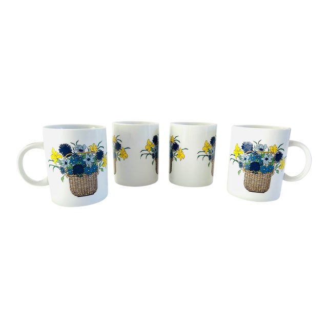 1990s Nantucket Basket Floral Design by Artists Greg & Judi Hill Tea or Coffee Mugs - Set of 4 For Sale