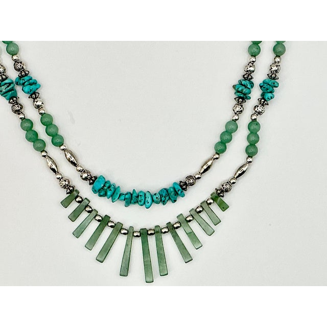 1970s 1970s Vintage Southwestern Mexican Boho Chic Double Strand Sterling, Turquoise & Jade Necklace For Sale - Image 5 of 18