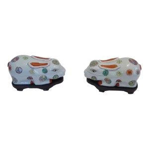 Vintage Chinese Porcelain Rabbit Tureens on Stands - a Pair