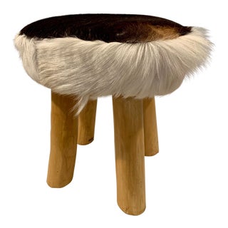 Vintage Fur and Solid Wood Footstool For Sale