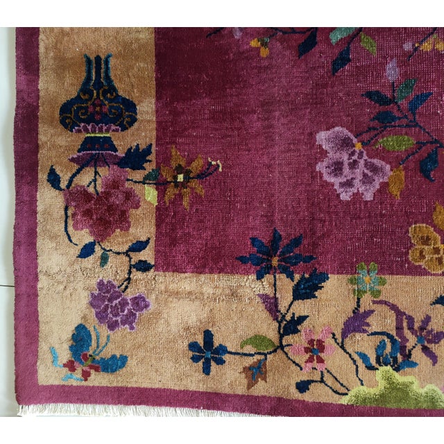 1920s Dark Pink Floral Open Field Antique Chinese Art Deco Rug 6' X 8'8" Handknotted Wool Carpet For Sale - Image 4 of 10