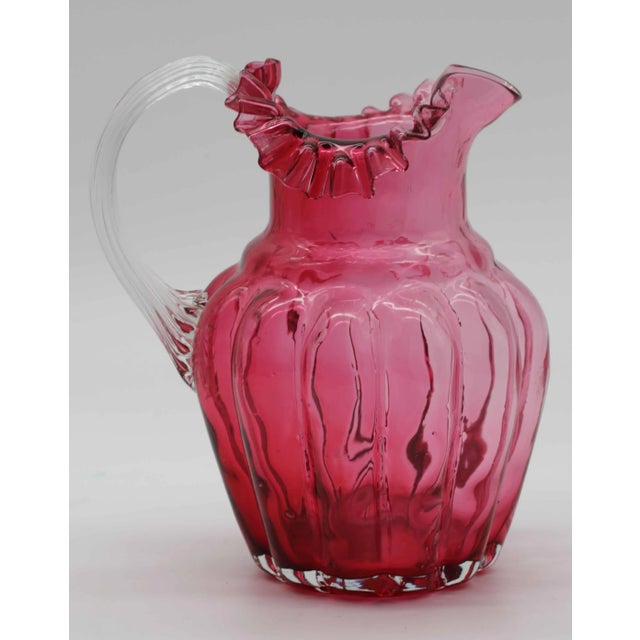 Late 19th Century Antique Cranberry Optic-Ribbed Pitcher With Ruffled Rim, C. 1880 For Sale - Image 5 of 8