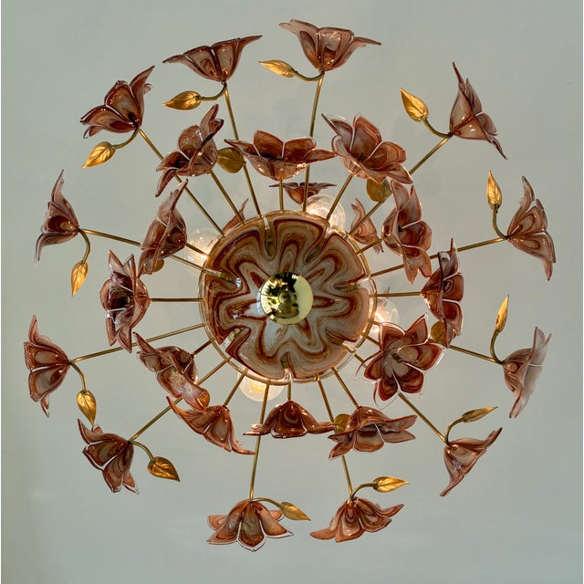 Large Murano Style Brown Flower Bouquet Chandelier With 4 E27 Bulbs. Hand-Blown Glass Flowers, Restored , Rare Italian Vintage For Sale - Image 15 of 17