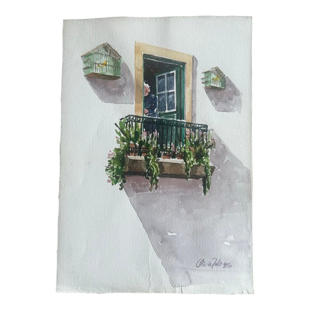 Original Watercolor Painting of Mediterranean Balcony – Signed & Dated 1995 For Sale