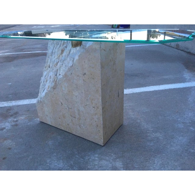 Mid-Century Modern Postmodern Brass & Glass Pedestal Console Sofa Table in Tessellate Stone For Sale - Image 3 of 12