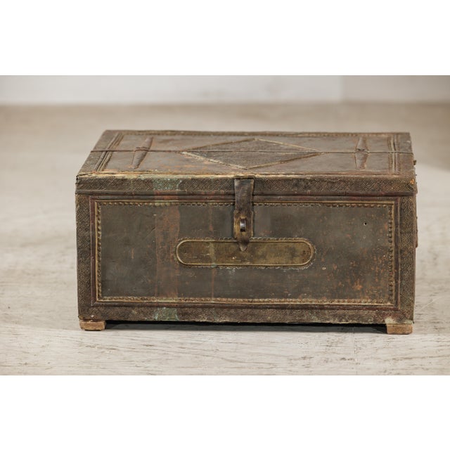 Vintage Indian Tin-Clad Metal Trunk with Embossed Detailing For Sale - Image 13 of 18