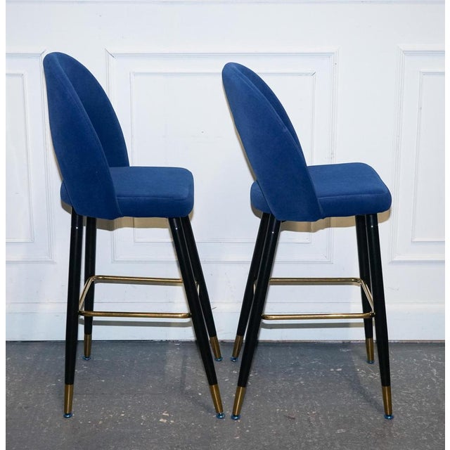 Blue Velvet Bar Chairs with Gold Detail on the Frame For Sale - Image 5 of 10