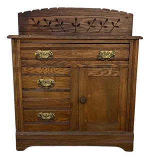 Antique Oak Washstand With Carved Backsplash, Cabinet and Brass Hardware