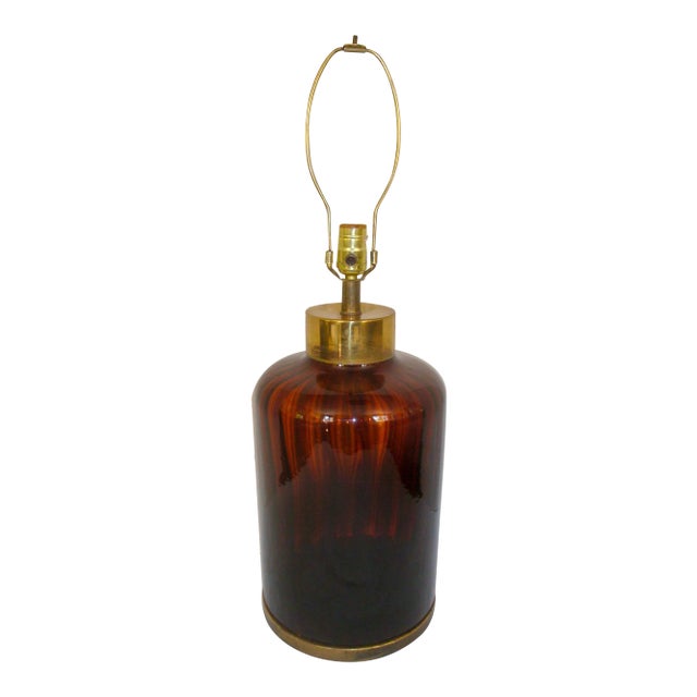 1970s Italian Tortoiseshell Glass and Brass Table Lamp For Sale