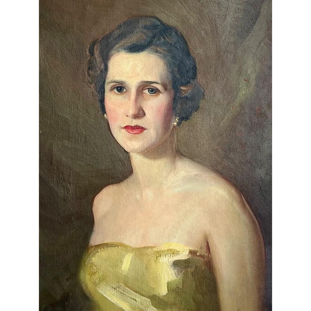 Wood Vintage Oil Portrait of Woman in Gold Dress For Sale - Image 7 of 18