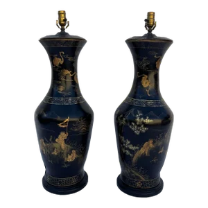 Pair 1970s Large Chinoiserie Papier-Machè Table Lamps