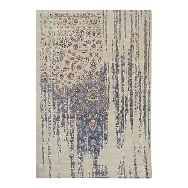 8x10 Ivory Machine Made Wool Viscose Distressed Floral Cascade Geometric Carpet For Sale