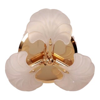 Vintage 1990s Brass Ceiling Fixture With Frosted Glass Shell Shades For Sale