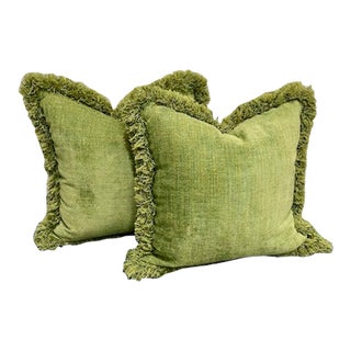 Designer 2-Sided Chenille Throw Pillow Covers With Fringe - Set of 2 For Sale