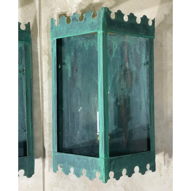 Turquoise Pair of Artistic Vintage Patinated Metal Wall Lantern Sconces For Sale - Image 8 of 16