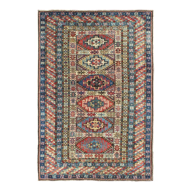 Antique Caucasian Rug With Six Central Medallions & Intricate Geometric Borders For Sale