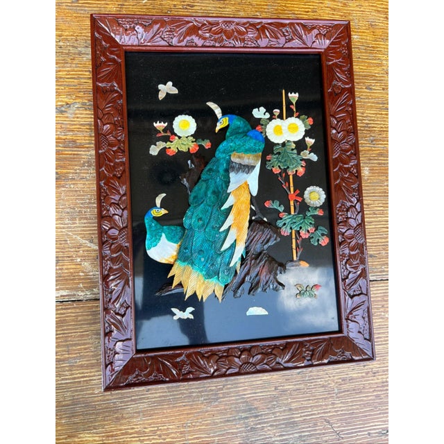 Vintage Chinese Carved Shell and Lacquer Peacock WallHang Artwork, Circa 1950’s For Sale - Image 9 of 18
