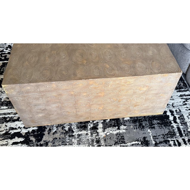 2010s Theodore Alexander Whorlds Away Cube Coffee Table – Bleached Oyster Veneer, Textured Parquetry (Model 5105-349) For Sale - Image 5 of 10