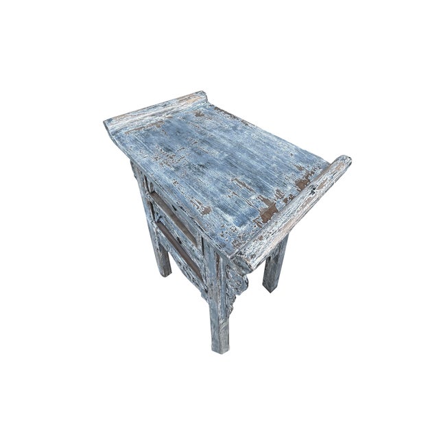 Distressed Pale Blue Grey 2 Drawers Carved Motif End Table Nightstand For Sale - Image 4 of 6