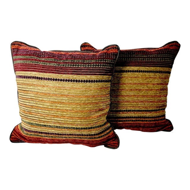 1980s Vintage Boho Chic Southwestern Ralph Lauren Jewel Tone Cut Striped Chenille Decorative Pillows - A Pair For Sale