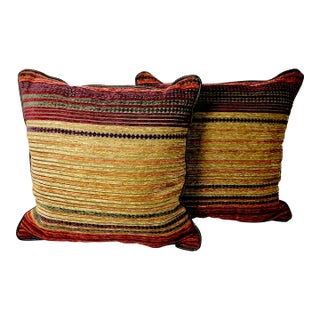1980s Vintage Boho Chic Southwestern Ralph Lauren Jewel Tone Cut Striped Chenille Devorative Pillows - A Pair For Sale