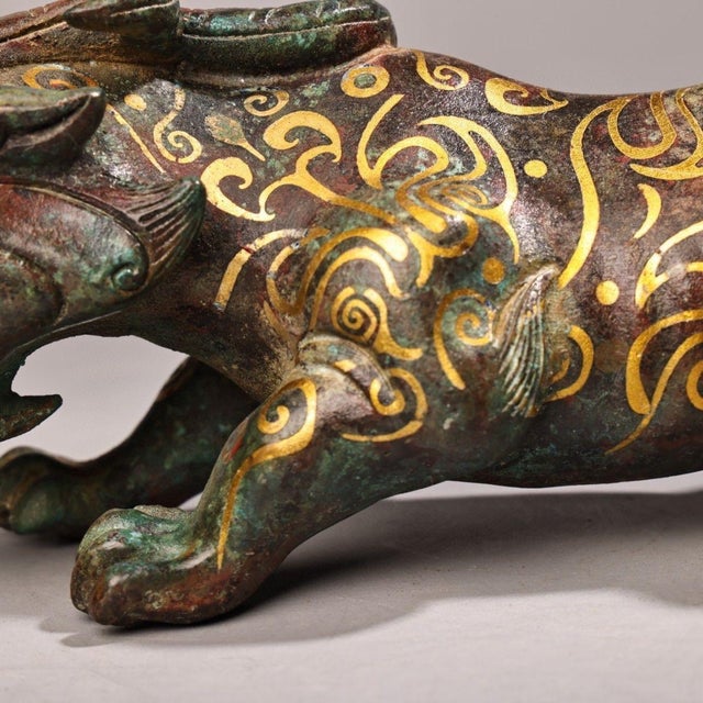 Bronze Antique Gilt Bronze Mythical Beast Sculpture – 9.4" Gold Inlaid Guardian Figure For Sale - Image 8 of 9