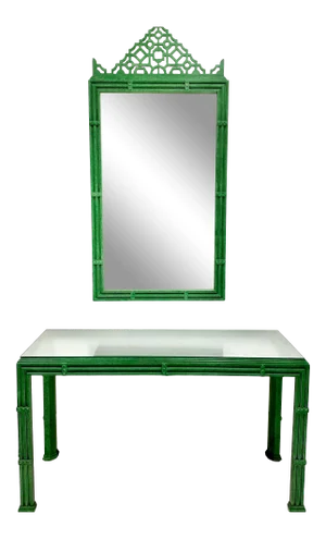 Chippendale Inspired Green Fretwork Mirror and Console Table - a Pair