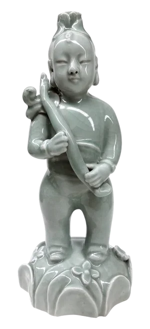 Vintage Chinese Green Celedon Peasant Boy Statue