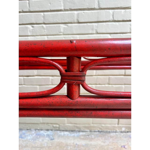 Red Vintage Red Split Reed and Rattan Glass Top Console Entry Table - Newly Painted For Sale - Image 8 of 12