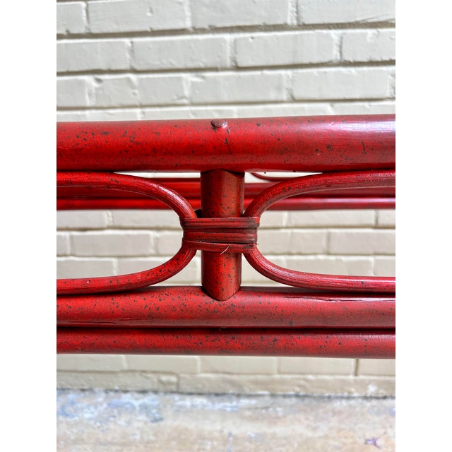 Red Vintage Tony Duquette Style Red Split Reed and Rattan Glass Top Console Entry Table - Newly Painted For Sale - Image 8 of 12