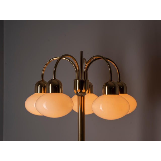 Vintage Brass Floor Lamp with Five Opaline Glass Shades, 1950s For Sale - Image 6 of 9