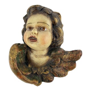 Vintage Hand Painted Plaster Winged Putti With Glass Eyes For Sale
