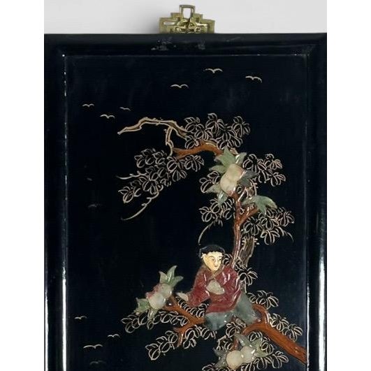 Vintage Chinese Black Lacquer and Inlaid Soapstone Wall Panels Set of Four For Sale - Image 12 of 16