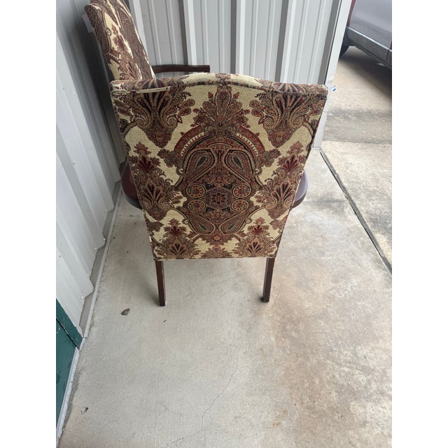 Mid-Century Modern 2 Vintage Queen Anne Accent Chairs, Paisley Tapestry Armchairs, Cabriole Legs For Sale - Image 3 of 11
