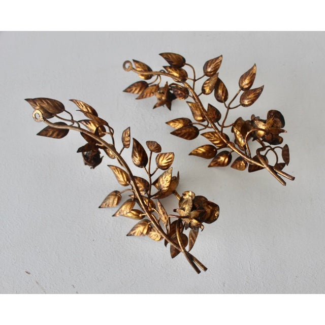 Late 20th Century Hans Kögl Style Gilded Flowers Stems Leaves Wall Mount Candle Holders Sconces - a Pair For Sale - Image 18 of 18