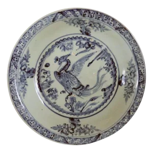Large Chinese Export Ming Swatow Ware Porcelain Celadon Phoenix Plate