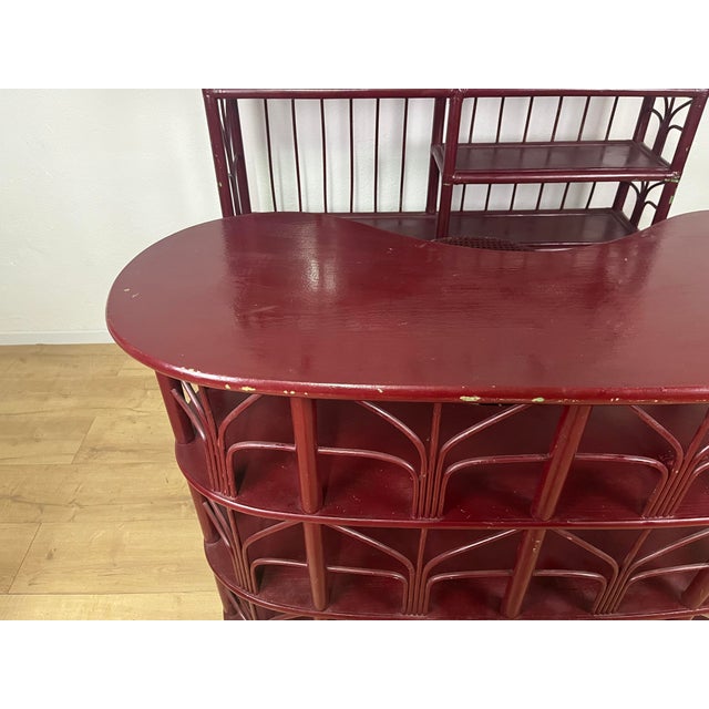 1970s Vintage Italian Burgundy Bamboo Wicker Bar Cabinet and Stools, 1970s, Set of 5 For Sale - Image 5 of 9