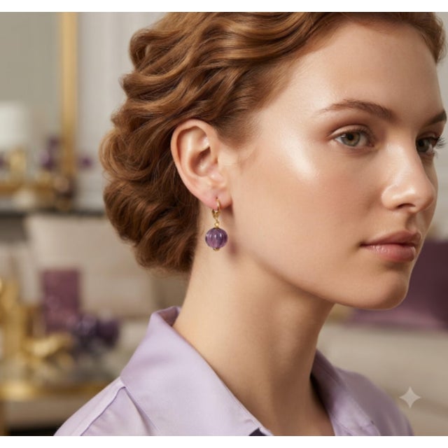 Purple Natural Amethyst 8.45cts & Emerald 0.10cts Earring in 14k Gold For Sale - Image 8 of 8