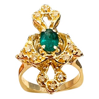 Natural Emerald, Oval Stone and Diamond Ring 14 Karat Yellow Gold For Sale