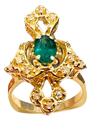 Natural Emerald, Oval Stone and Diamond Ring 14 Karat Yellow Gold