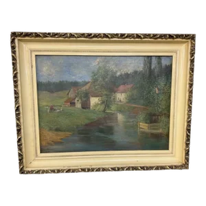 Antique Oil on Canvas Landscape Painting of a Farm Scene W Ducks Signed Paul Becht 1902