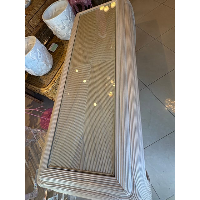 Traditional Vintage Coastal Palm Beach Pencil Reed Rattan Ming Console Table New Glass Top For Sale - Image 3 of 15