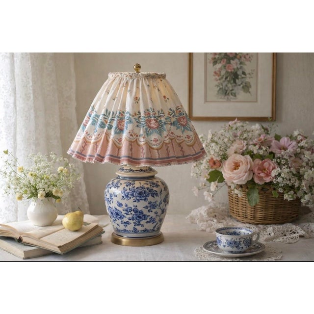White Vintage Country Fair Border Print Fabric Peachy Pink/ Blue For Sale - Image 8 of 9