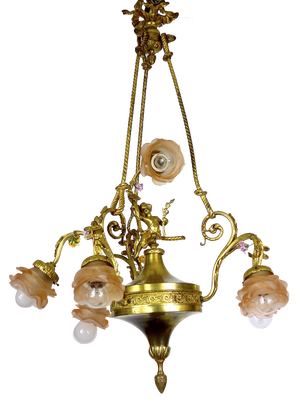 Antique French Art Nouveau Brass Glass Chandelier, 1900s