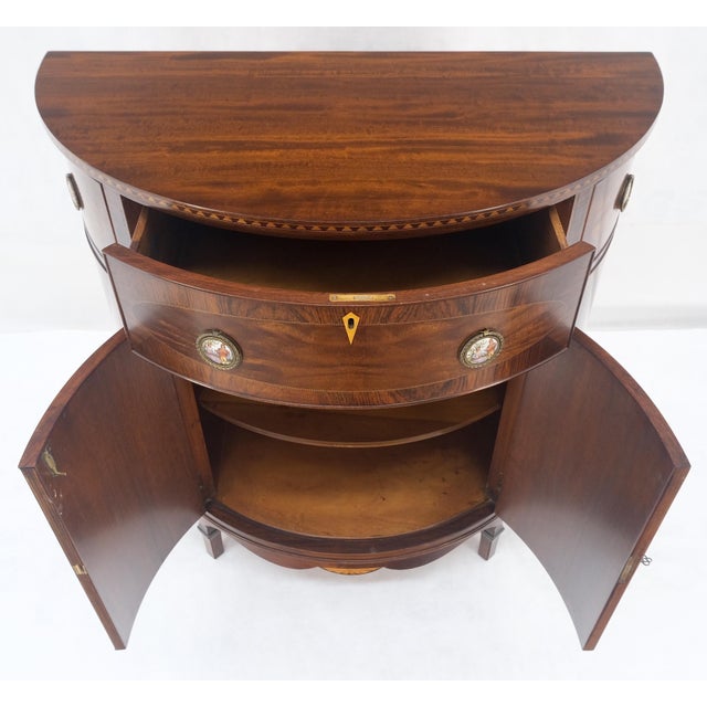 Brown Demilune Very Fine Inlaid Console Server Cabinet Porcelain Plaque Pulls Dresser For Sale - Image 8 of 12