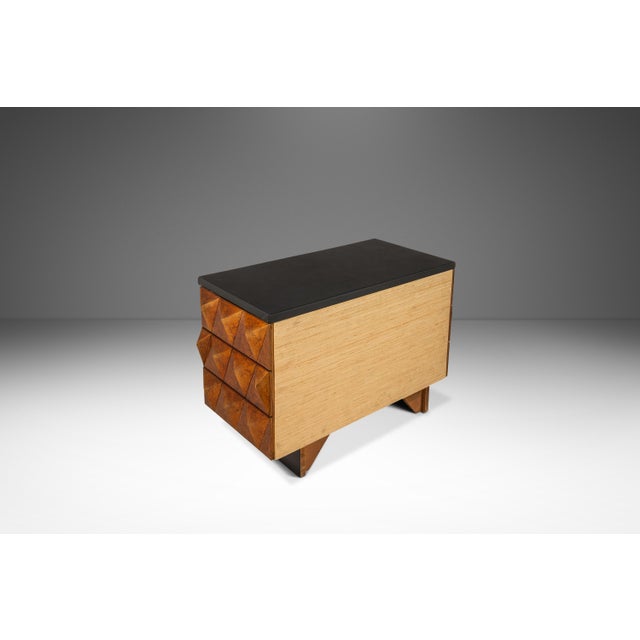 Black Set of Two (2) Futuristic Brutalist Italian Modern Sculptural Diamond Faced End Tables With Leather Tops, Italy, C. 1970s For Sale - Image 8 of 18