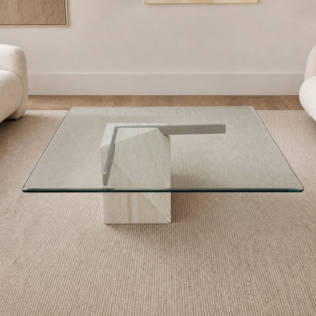 Postmodern 1980s Postmodern Glass Coffee Table With Travertine Base For Sale - Image 3 of 18