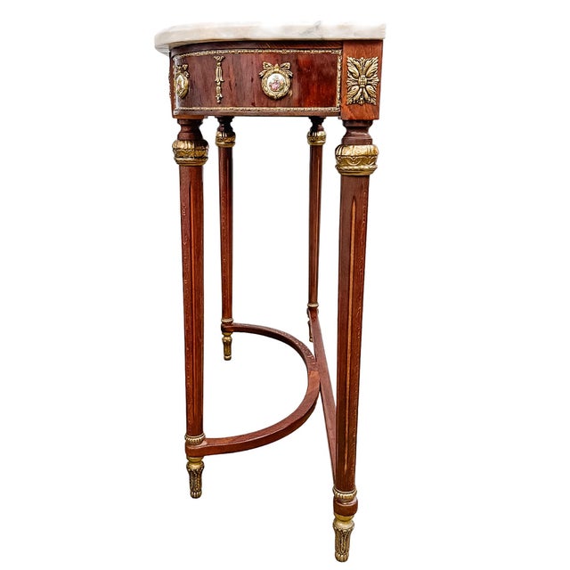 Vintage Louis XVI Revival Marble-Top Mahogany Console Table With Ormolu Mounts & Porcelain Medallions For Sale - Image 4 of 16
